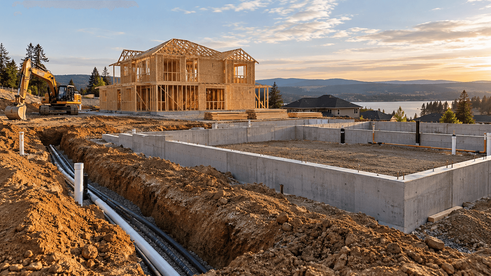 Illustrative home foundation and framing on a sloped site