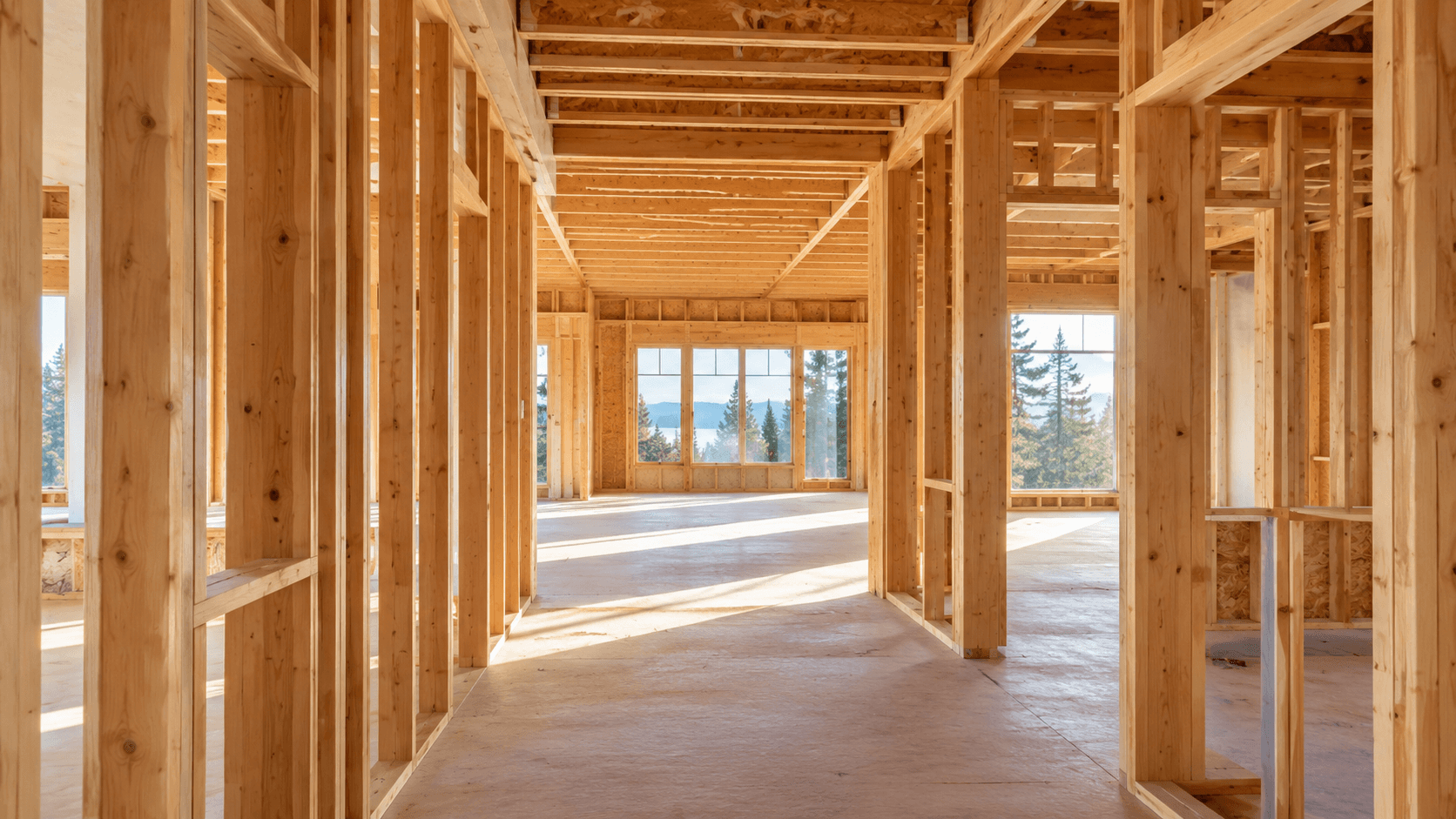 Illustrative residential interior framing stage