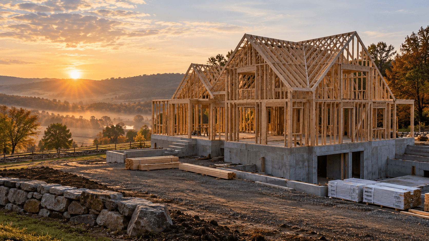 Single-family home at timber framing stage at sunrise