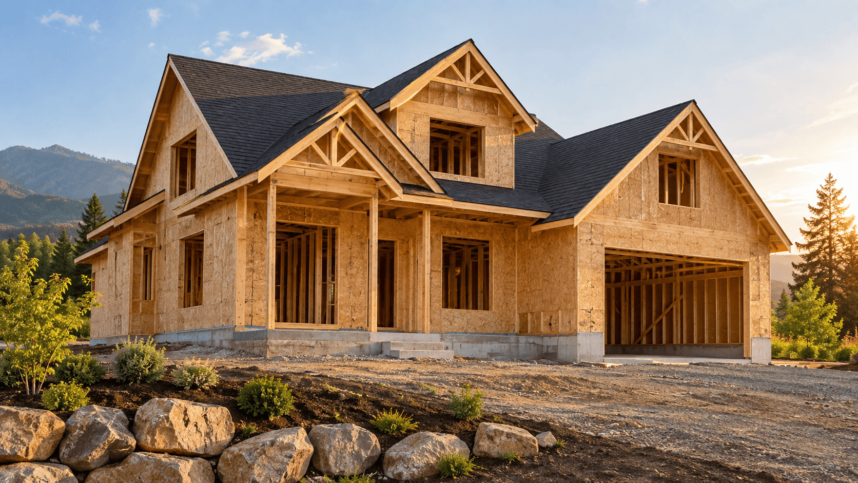 Illustrative framed home with roof installed